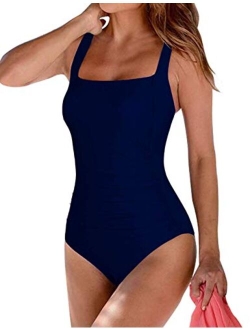 Women's Black One Piece Bathing Suit Ruched Tummy Control Swimsuit