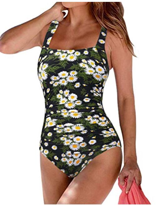 Firpearl Women's Black One Piece Bathing Suit Ruched Tummy Control Swimsuit