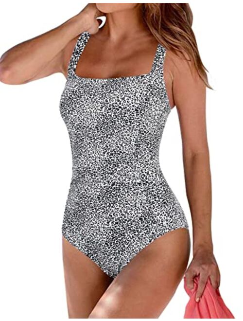 Firpearl Women's Black One Piece Bathing Suit Ruched Tummy Control Swimsuit