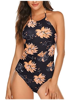 Womens Bathing Suit Halter High Neck Backless One Piece Swimsuit