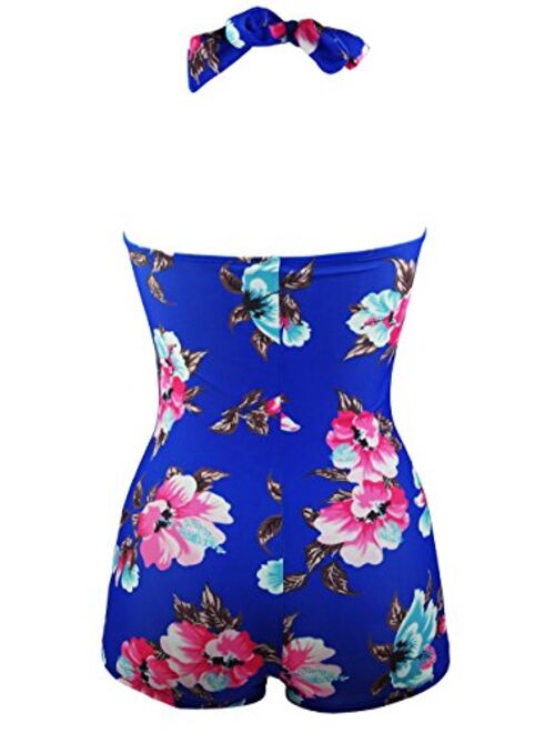 COCOSHIP Women's Elegant Floral Retro Boy-Leg One Piece Ruched Maillot Front Twist Swimsuit(FBA)