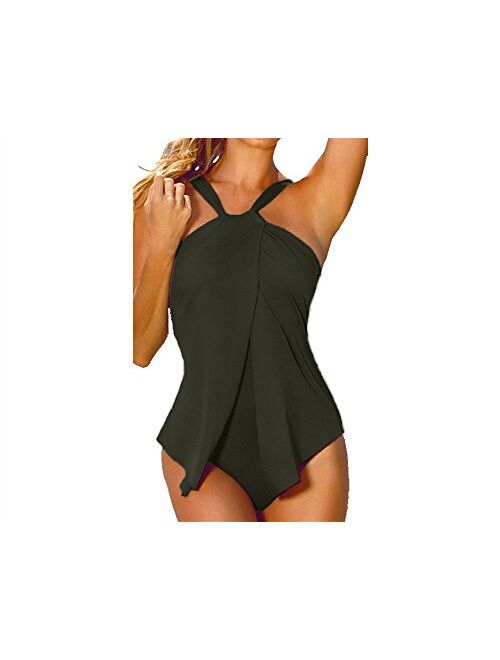 Xuan2Xuan3 Womens Halter Neck One Piece Padded Tankini Swimsuit Monokini Swimwear Swimdress FBA