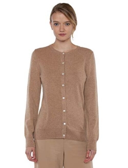 JENNIE LIU Women's 100% Cashmere Button Front Long Sleeve Crewneck Cardigan Sweater