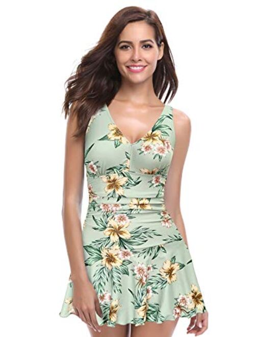 SHEKINI Women's One Piece Skirt Swimsuit Ruched Retro Swimdress Bathing Suit