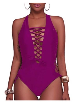 Holipick Women Sexy One Piece Swimsuit Lace up Monokini Plunge Backless Criss Cross Bathing Suit Swimwear