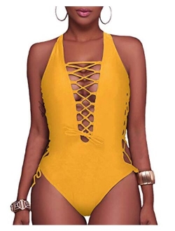 Holipick Women Sexy One Piece Swimsuit Lace up Monokini Plunge Backless Criss Cross Bathing Suit Swimwear