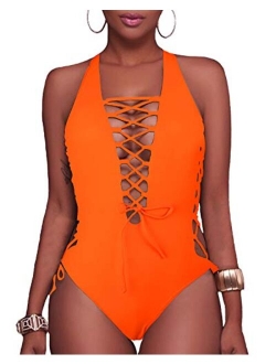 Holipick Women Sexy One Piece Swimsuit Lace up Monokini Plunge Backless Criss Cross Bathing Suit Swimwear