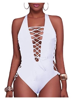 Holipick Women Sexy One Piece Swimsuit Lace up Monokini Plunge Backless Criss Cross Bathing Suit Swimwear