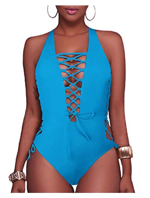 Holipick Women Sexy One Piece Swimsuit Lace up Monokini Plunge Backless Criss Cross Bathing Suit Swimwear