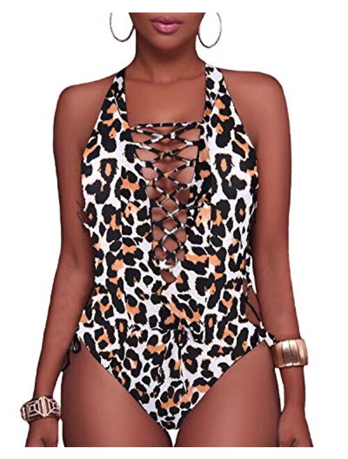 Holipick Women Sexy One Piece Swimsuit Lace up Monokini Plunge Backless Criss Cross Bathing Suit Swimwear