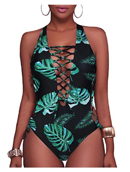 Holipick Women Sexy One Piece Swimsuit Lace up Monokini Plunge Backless Criss Cross Bathing Suit Swimwear