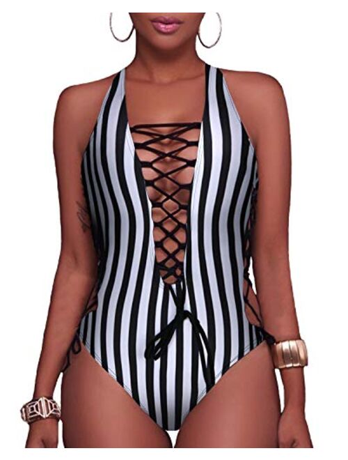 Holipick Women Sexy One Piece Swimsuit Lace up Monokini Plunge Backless Criss Cross Bathing Suit Swimwear