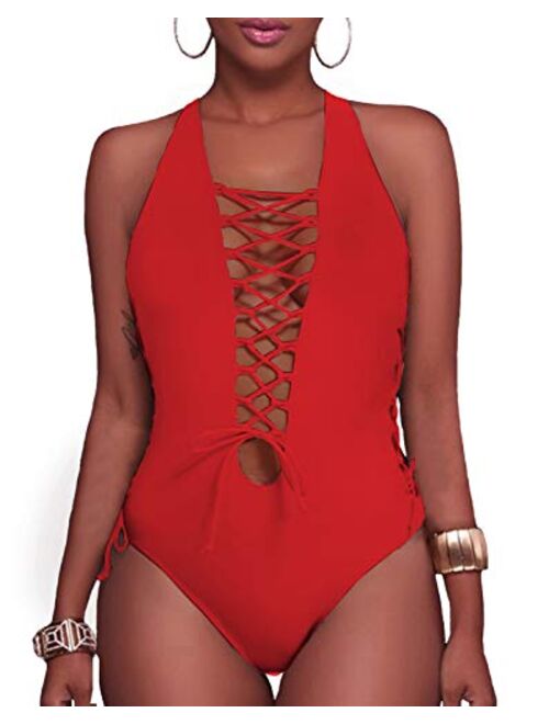 Holipick Women Sexy One Piece Swimsuit Lace up Monokini Plunge Backless Criss Cross Bathing Suit Swimwear