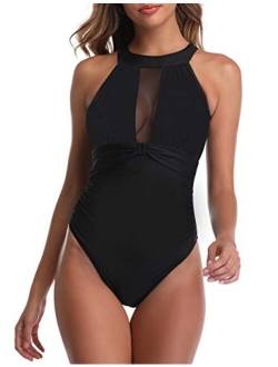 Women's Plunge Deep V Neck One Piece Swimsuit Halter Bikinis Monokinis Shirred Details