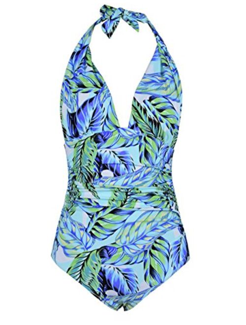 Hilor Women's Plunge Deep V Neck One Piece Swimsuit Halter Bikinis Monokinis Shirred Details