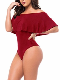 Famulily Women's Off Shoulder One Piece Swimsuit Ruffle Bodycon Bodysuit Swimwear