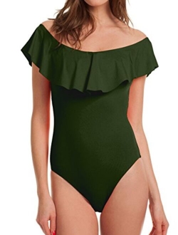 Famulily Women's Off Shoulder One Piece Swimsuit Ruffle Bodycon Bodysuit Swimwear