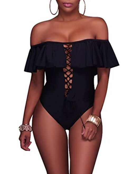 Famulily Women's Off Shoulder One Piece Swimsuit Ruffle Bodycon Bodysuit Swimwear