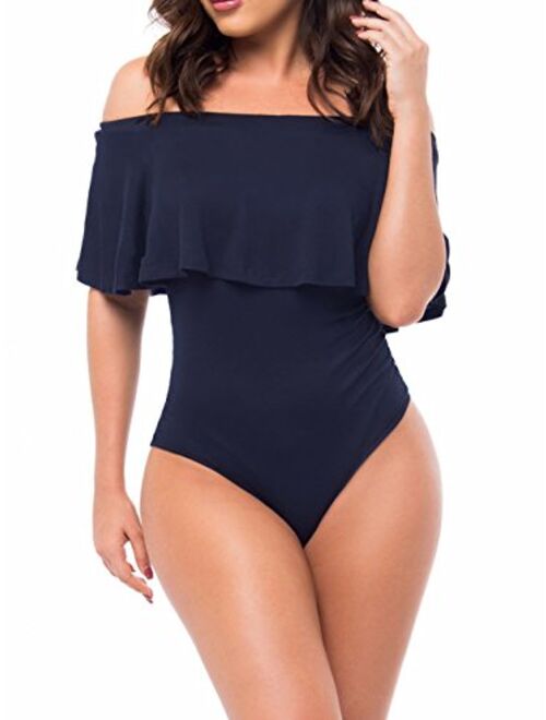 Famulily Women's Off Shoulder One Piece Swimsuit Ruffle Bodycon Bodysuit Swimwear