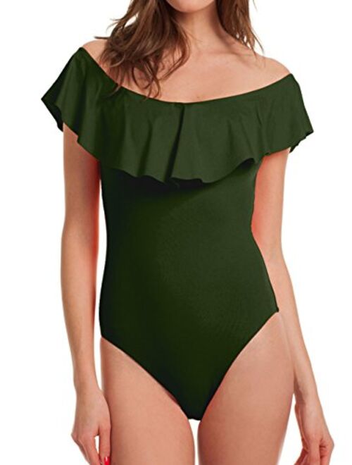 Famulily Women's Off Shoulder One Piece Swimsuit Ruffle Bodycon Bodysuit Swimwear