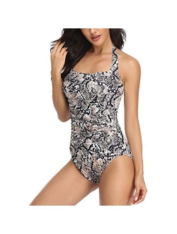 Smismivo Tummy Control Swimwear Black Halter One Piece Swimsuit Ruched Padded Bathing Suits for Women Slimming Vintage Bikini