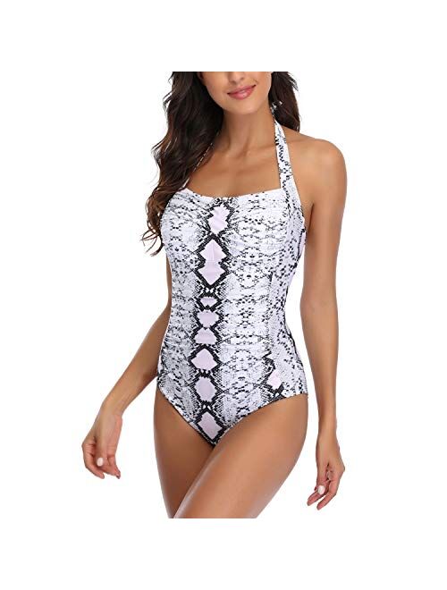 Smismivo Tummy Control Swimwear Black Halter One Piece Swimsuit Ruched Padded Bathing Suits for Women Slimming Vintage Bikini