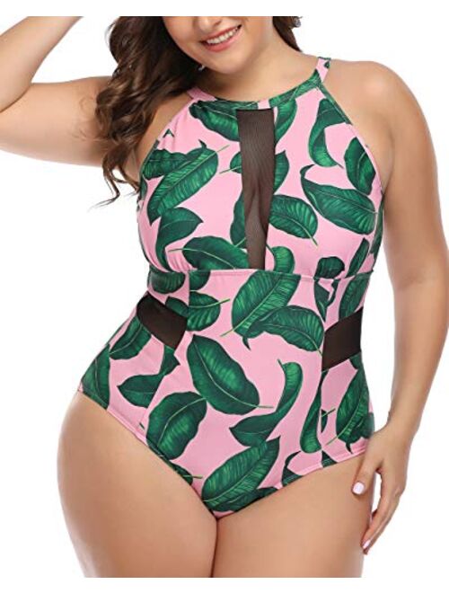 Daci Plus Size One Piece Swimsuits for Women Plunge Cutout High Neck Slimming Swimwear