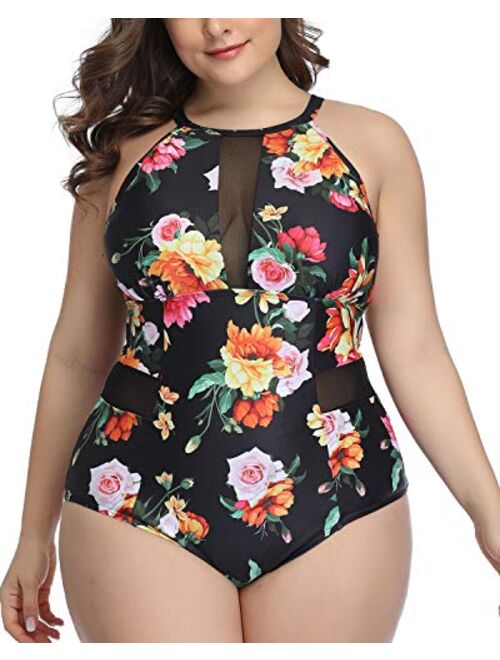 Daci Plus Size One Piece Swimsuits for Women Plunge Cutout High Neck Slimming Swimwear