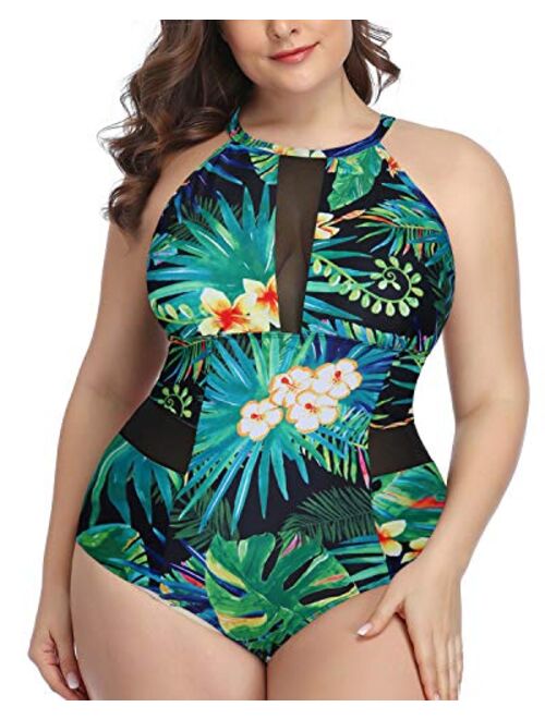 Daci Plus Size One Piece Swimsuits for Women Plunge Cutout High Neck Slimming Swimwear