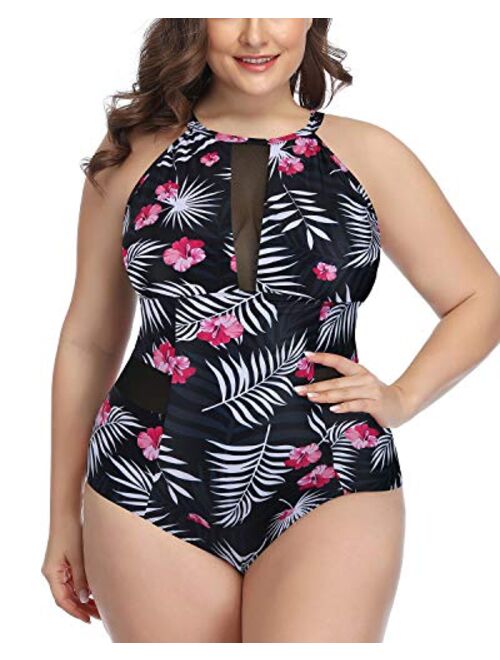 Daci Plus Size One Piece Swimsuits for Women Plunge Cutout High Neck Slimming Swimwear