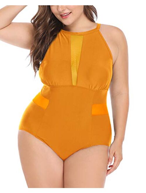 Daci Plus Size One Piece Swimsuits for Women Plunge Cutout High Neck Slimming Swimwear