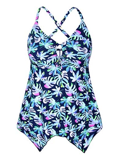 Mycoco Women's Front Tie Swim Top Cross Back Tankini Top Flowy Swimdress Tummy Control