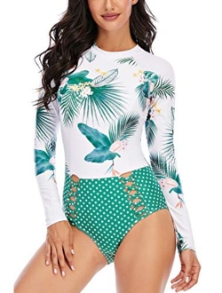 LafyKoly Women's One Piece Long Sleeve Rash Guard UV Protection Printed Surfing Swimsuit Swimwear Bathing Suit