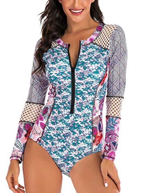 LafyKoly Women's One Piece Long Sleeve Rash Guard UV Protection Printed Surfing Swimsuit Swimwear Bathing Suit