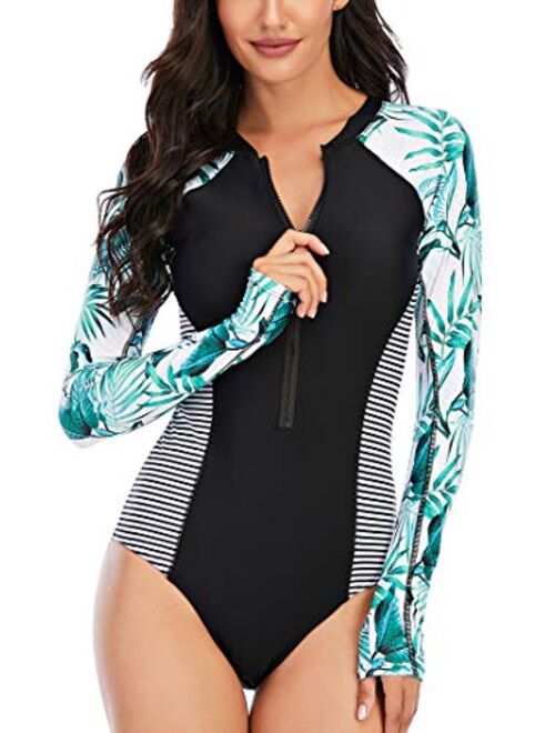 LafyKoly Women's One Piece Long Sleeve Rash Guard UV Protection Printed Surfing Swimsuit Swimwear Bathing Suit