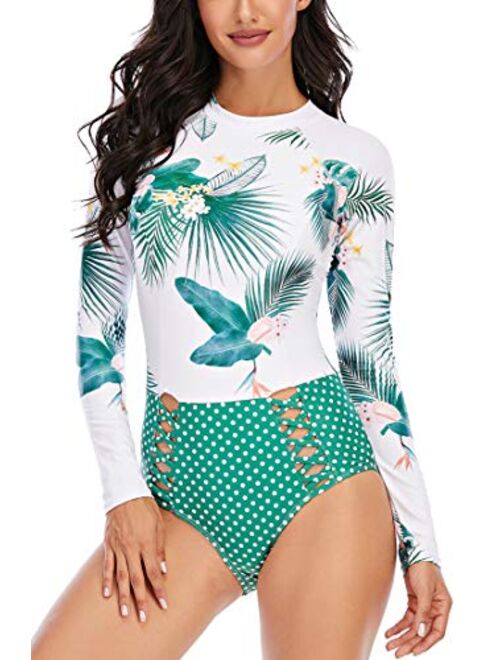 LafyKoly Women's One Piece Long Sleeve Rash Guard UV Protection Printed Surfing Swimsuit Swimwear Bathing Suit