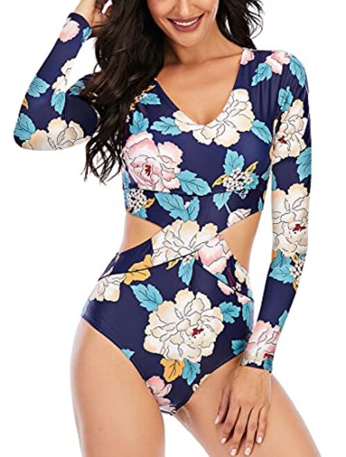 LafyKoly Women's One Piece Long Sleeve Rash Guard UV Protection Printed Surfing Swimsuit Swimwear Bathing Suit