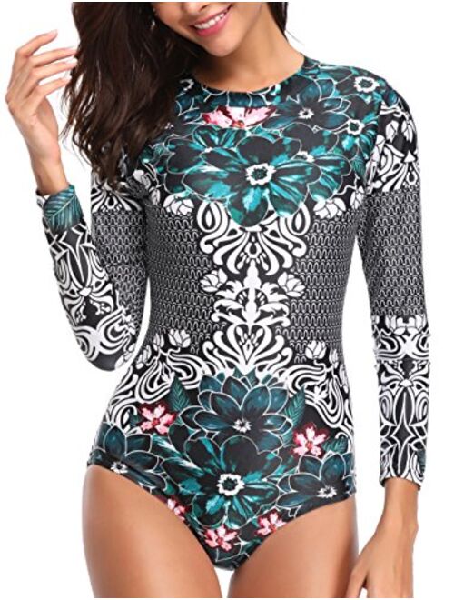 LafyKoly Women's One Piece Long Sleeve Rash Guard UV Protection Printed Surfing Swimsuit Swimwear Bathing Suit