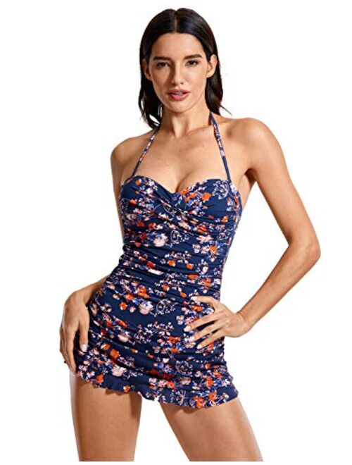 DOBREVA Women's Bandeau Halter Tummy Control One Piece Skirted Swimsuit Swimdress Bathing Suit