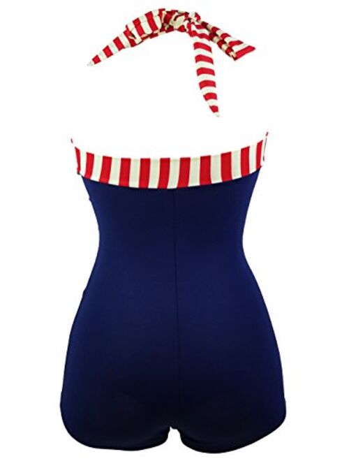 COCOSHIP Women's 50s Retro Navy Blue Nautical One Piece Maillot Anchors Away Swimsuit(FBA)