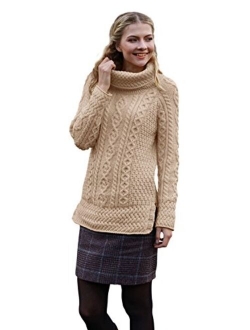 Carraig Donn - Ladies - 100% Soft Merino Wool - Cable Knit Sweeter Vented Roll Neck Irish Jumper