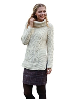 Carraig Donn - Ladies - 100% Soft Merino Wool - Cable Knit Sweeter Vented Roll Neck Irish Jumper