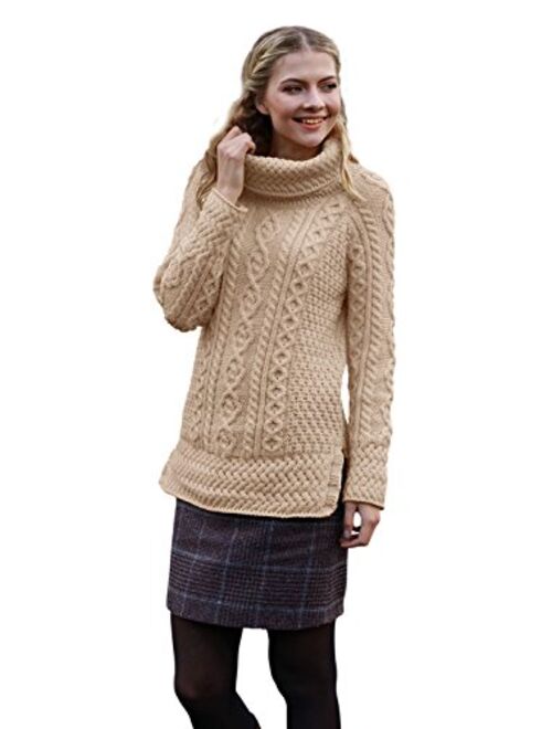 Carraig Donn - Ladies - 100% Soft Merino Wool - Cable Knit Sweeter Vented Roll Neck Irish Jumper