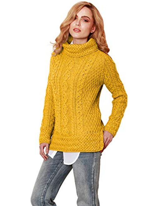 Carraig Donn - Ladies - 100% Soft Merino Wool - Cable Knit Sweeter Vented Roll Neck Irish Jumper