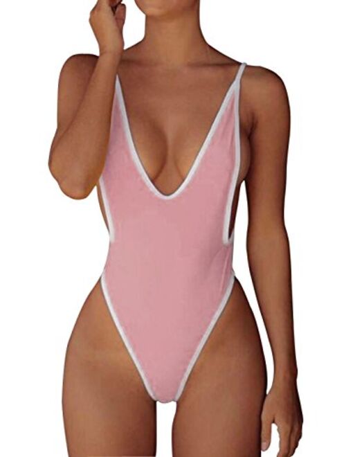 ALLureLove Swimsuits for Women Sexy Monokini Deep V One Piece Bathing Suits Backless Cheeky Swimwear Semi Thong Bikini