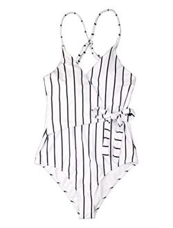 Fantastic Zone Womens Cute White Stripe One-Piece Swimsuit Beach Swimwear Bathing Suit Bikini