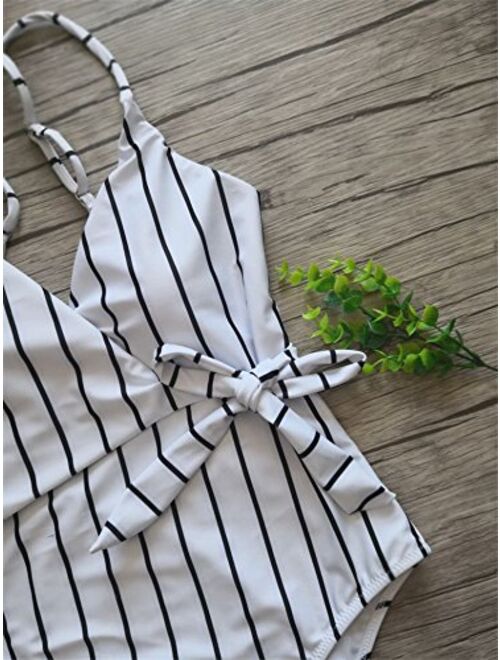 Fantastic Zone Womens Cute White Stripe One-Piece Swimsuit Beach Swimwear Bathing Suit Bikini