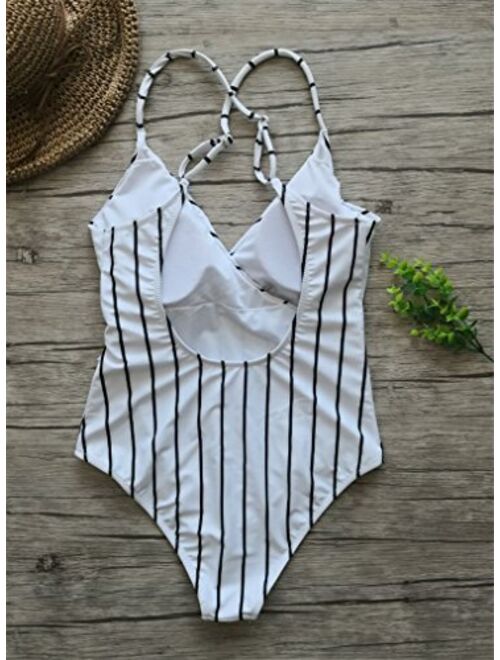 Fantastic Zone Womens Cute White Stripe One-Piece Swimsuit Beach Swimwear Bathing Suit Bikini