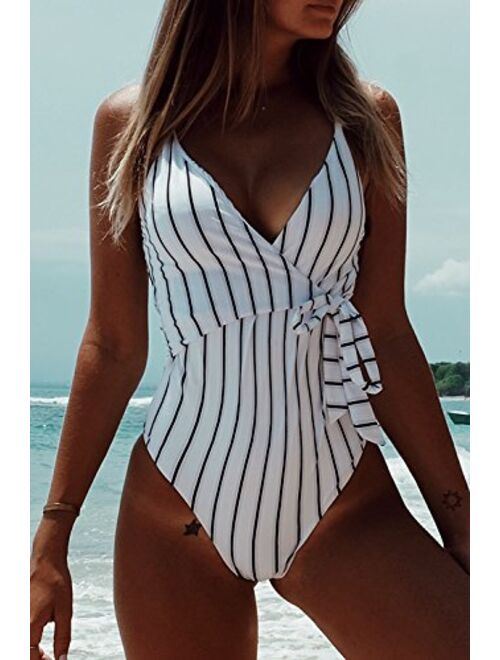 Fantastic Zone Womens Cute White Stripe One-Piece Swimsuit Beach Swimwear Bathing Suit Bikini