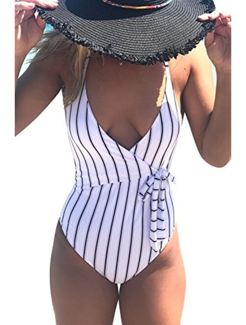 Fantastic Zone Womens Cute White Stripe One-Piece Swimsuit Beach Swimwear Bathing Suit Bikini